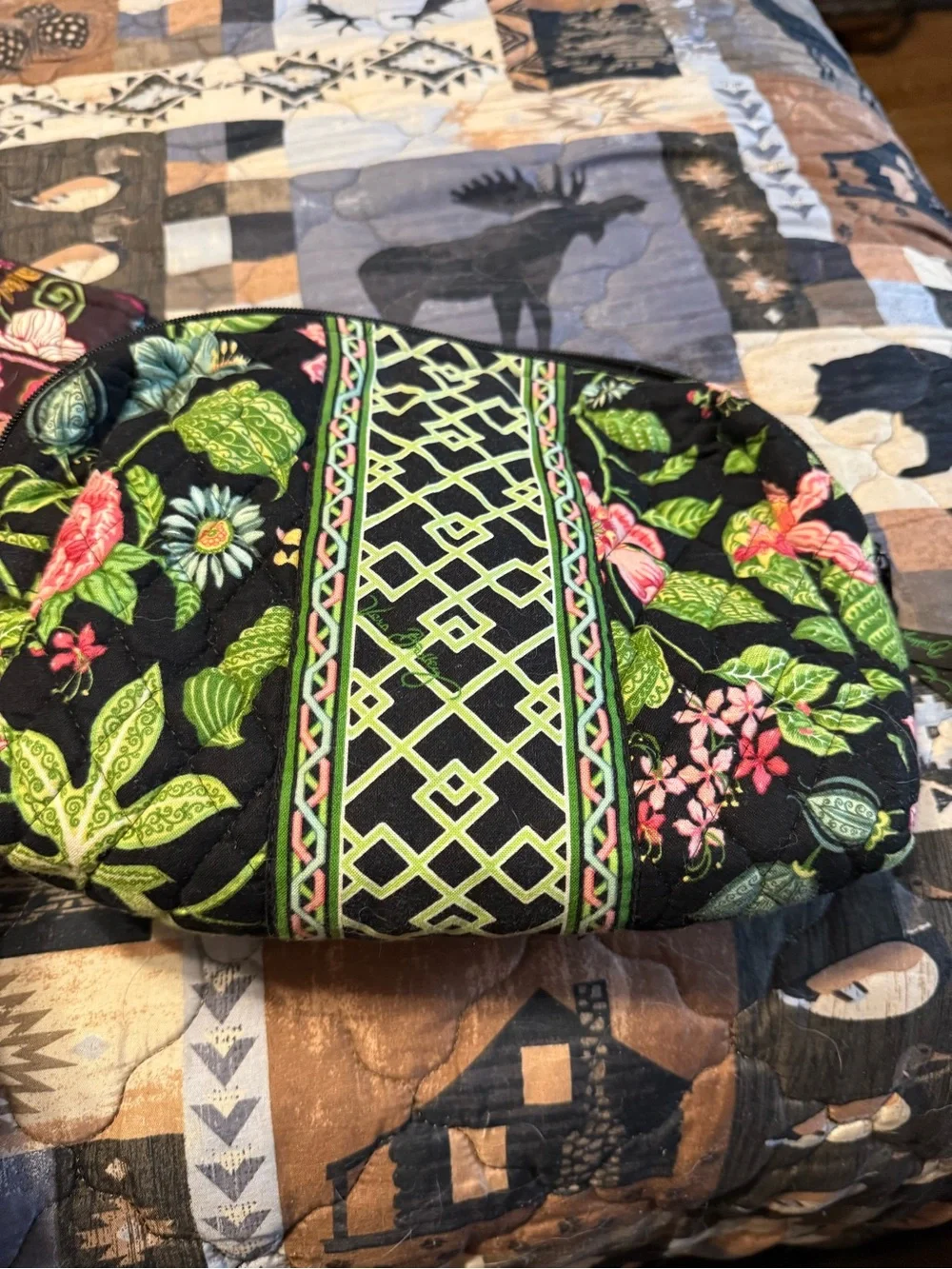 Vera Bradley Black Floral Quilted Cosmetic Pouch with Green Trim